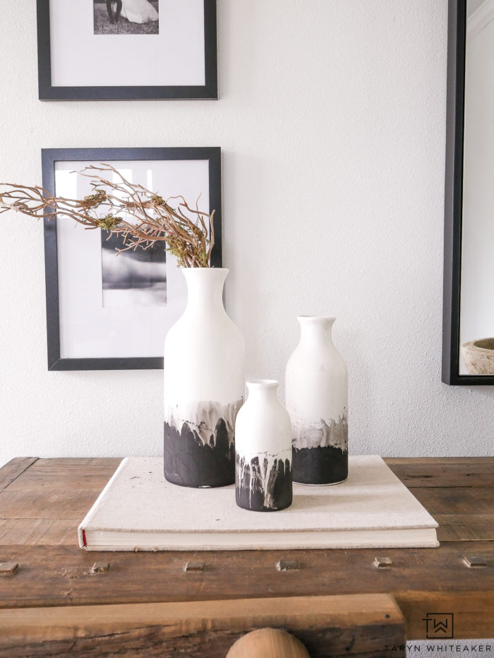 Learn how to make these DIY Black and White Ceramic Vases uses vases from the craft store and black chalk paint. 
