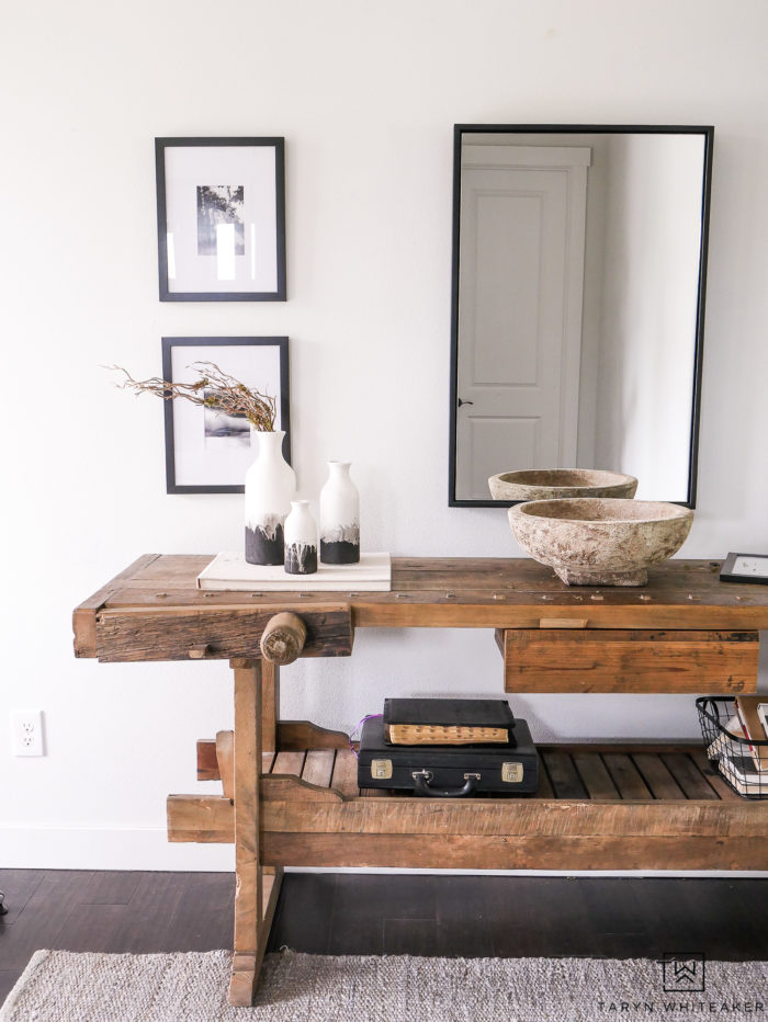 Restoration Hardware inspired entry way with DIY Black and White Vases. This rustic modern entry way is unique and chic. 