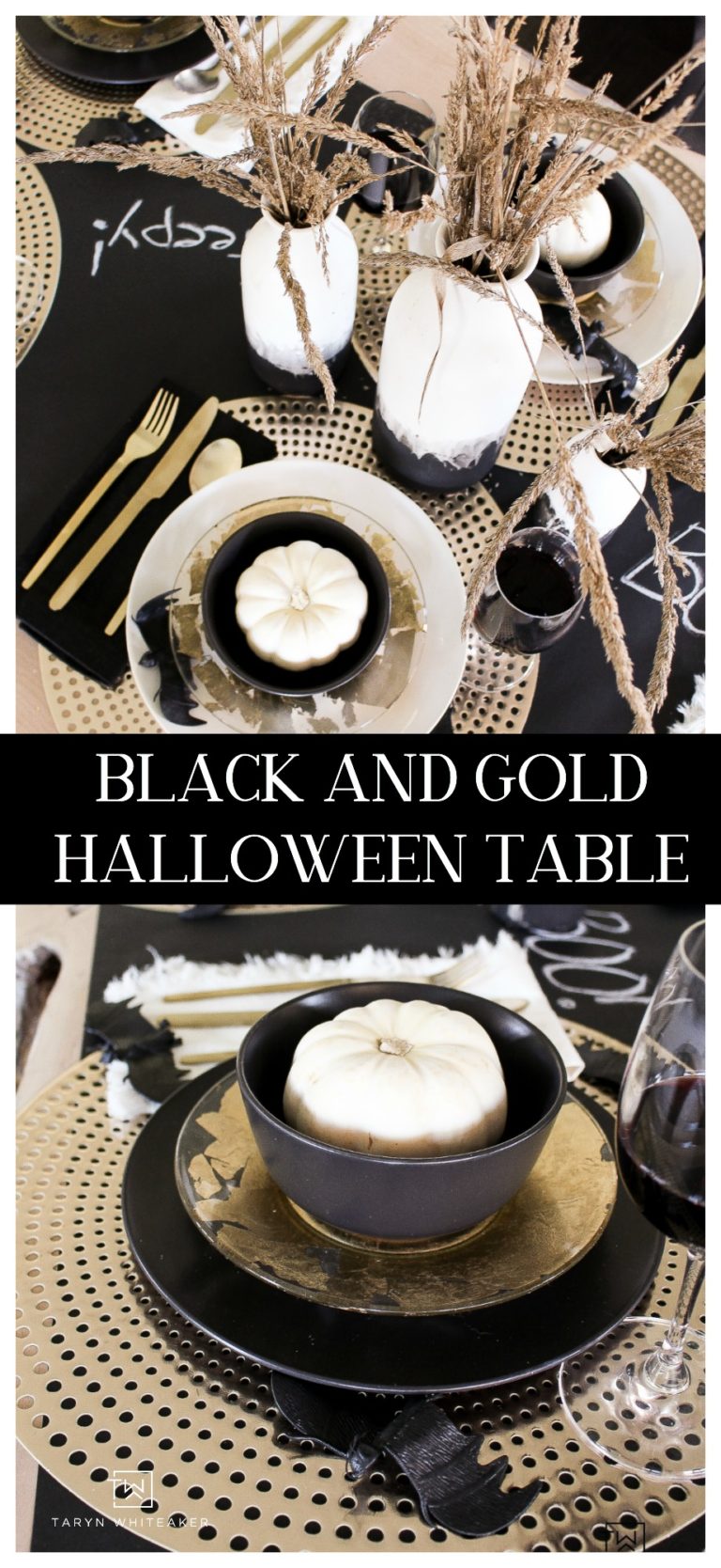 Black and Gold Halloween Table Decor - Taryn Whiteaker Designs