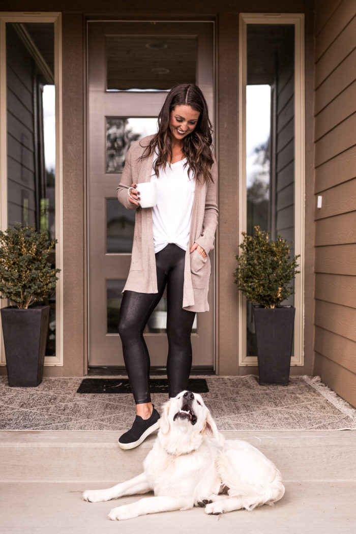 The perfect every day fall outfit for everywomen. These Spanx faux leather leggings go with just about everything. Style them with a long tan cardigan and tie front white tee for a comfy cute look. 