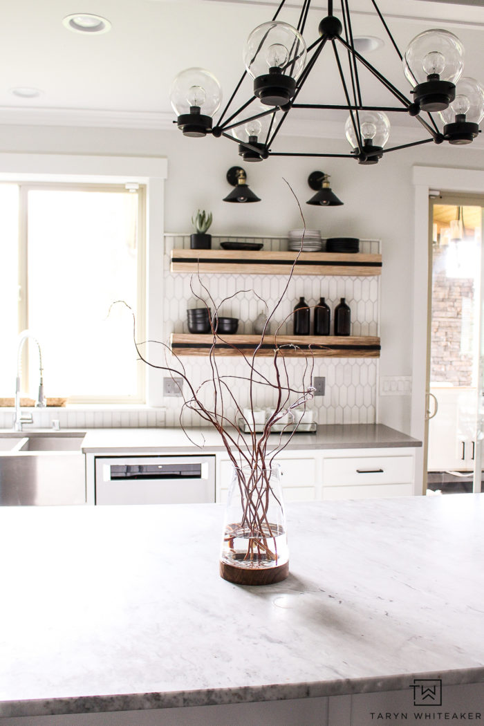 Check out this black and white modern kitchen makeover, the transformation is crazy! Love the rustic modern touches and open kitchen shelves. 