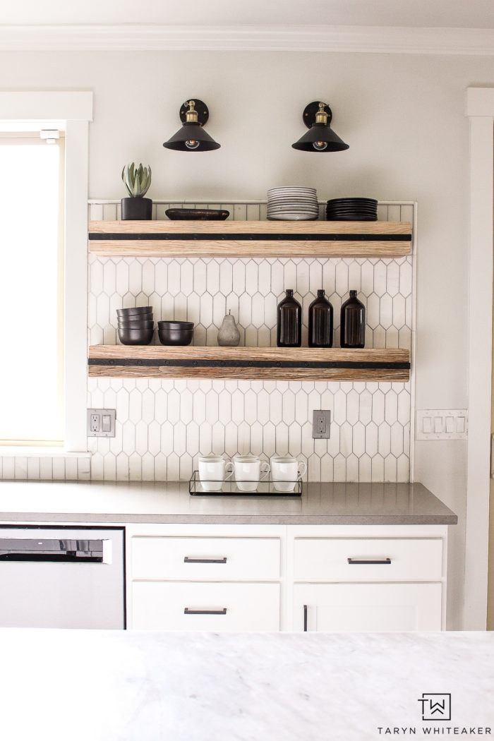 Open Shelves In Kitchen. Love these chunky wooden floating shelves with black accents. The marble picket tile behind is stunning. 