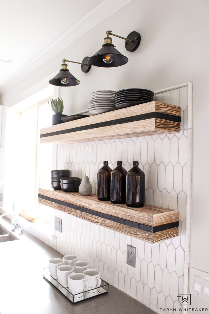 Open Shelves In Kitchen. Love these chunky wooden floating shelves with black accents. The marble picket tile behind is stunning. 