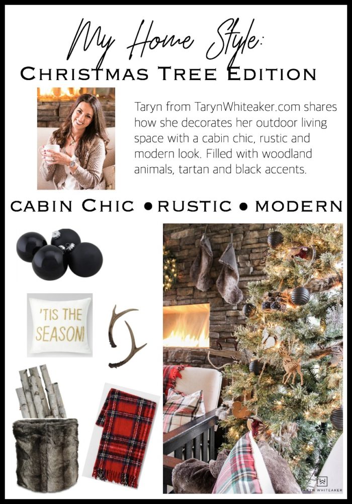 Learn how to get this cabin chic christmas look in your own home using a mixture of woodland christmas decor, tartan print and modern black accents!