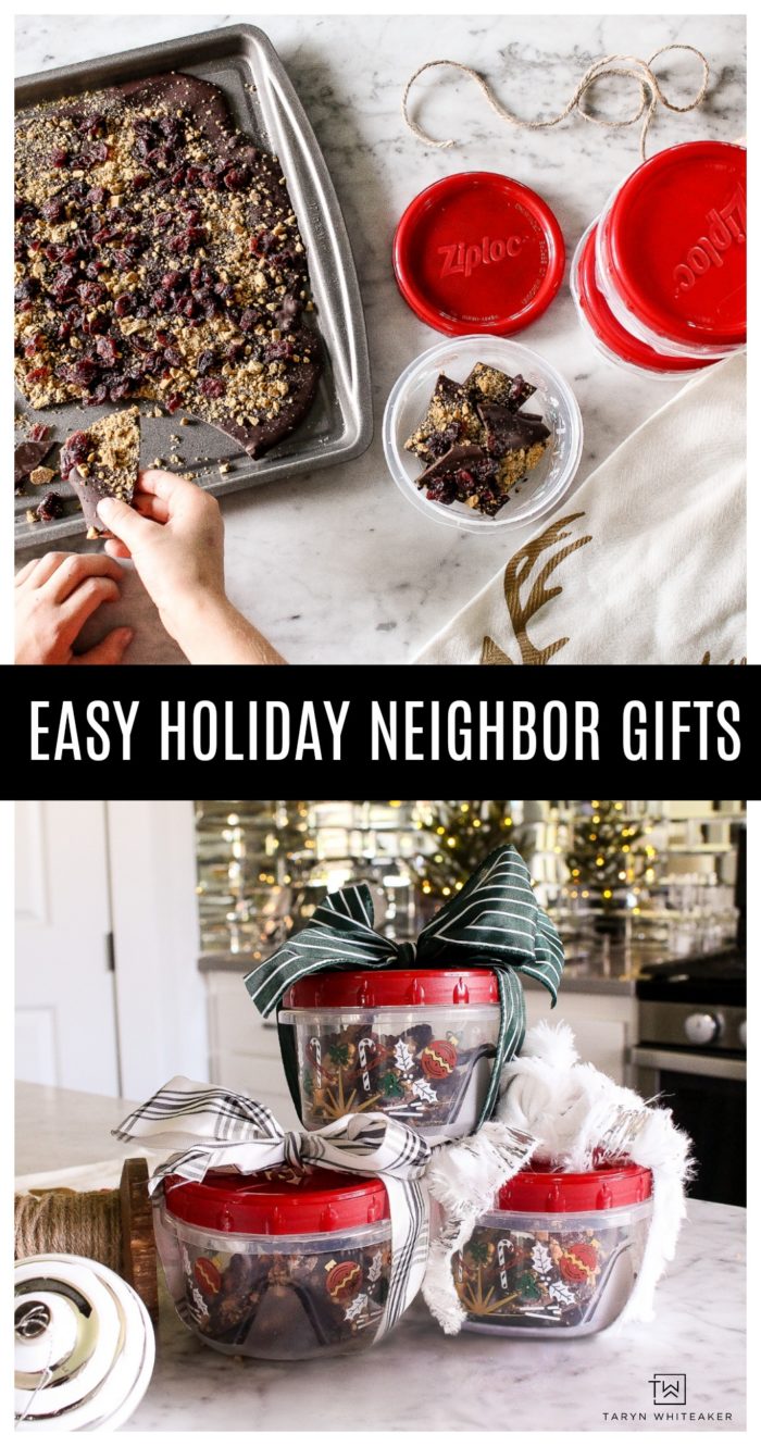 Quick and easy tips for creating Holiday Gifts for your neighbors! Package your homemade goodies in these adorable holiday containers for a festive look that you can reuse again and again! 