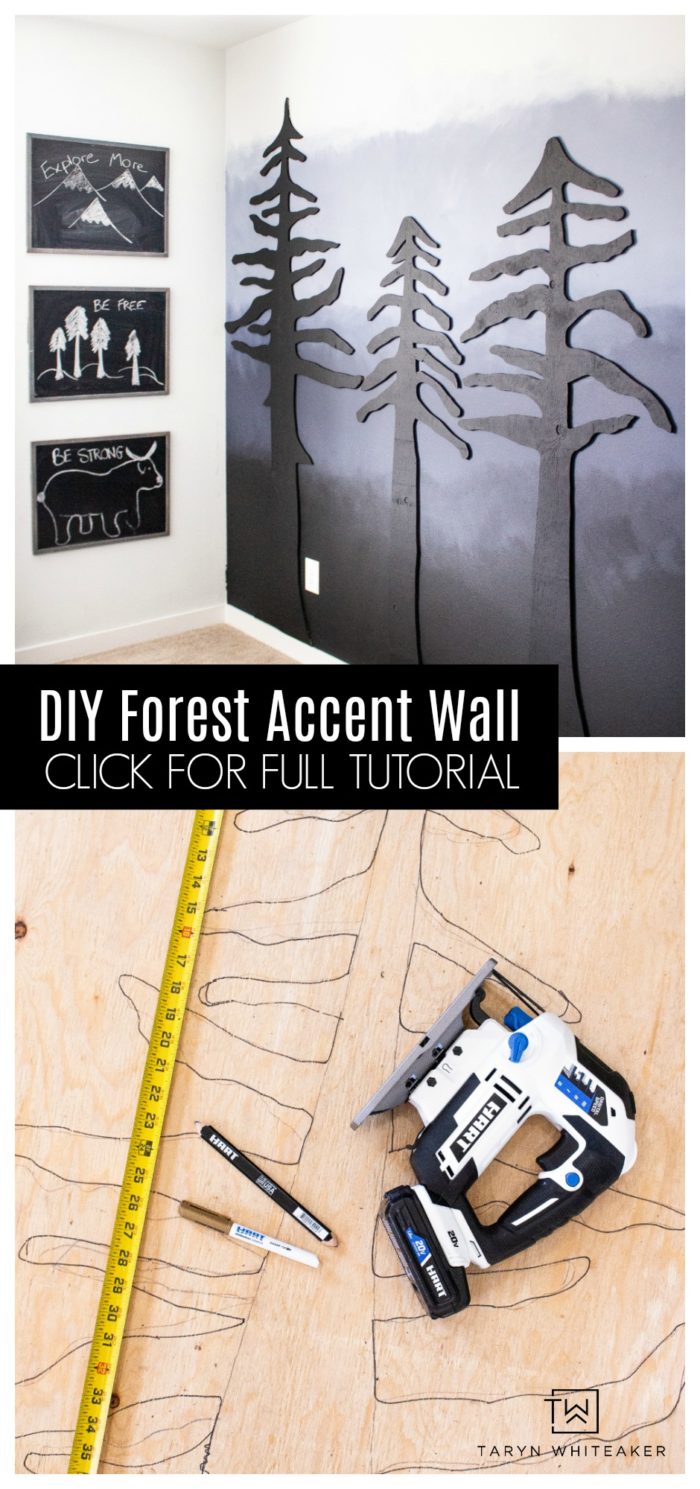 Learn how to easily create your own DIY Forest Accent Wall that will make a huge impact in your space! Cut these trees out of plywood using a jigsaw and give them a coat of paint! Full tutorial on the blog.