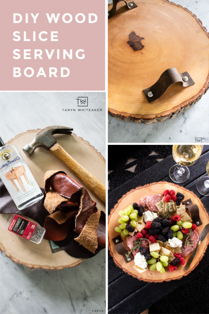 Learn how to make this DIY Wood Slice Serving Board using a wood round and leather straps! Easy 30 minute craft! 