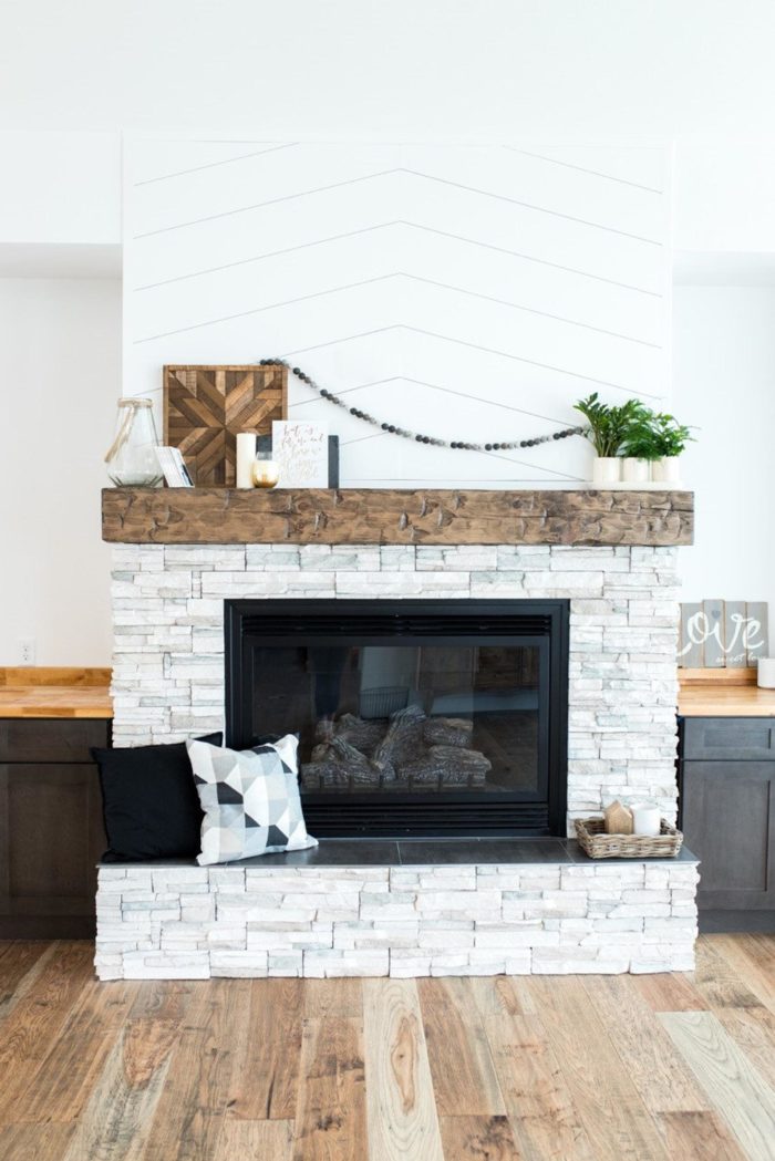 white stone fireplace