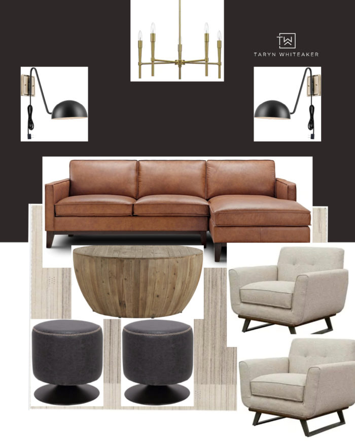 Showing two Multi-purpose room designs with dark moody walls, leather accents and lots of texture. This organic modern room design is both bold and soothing. 