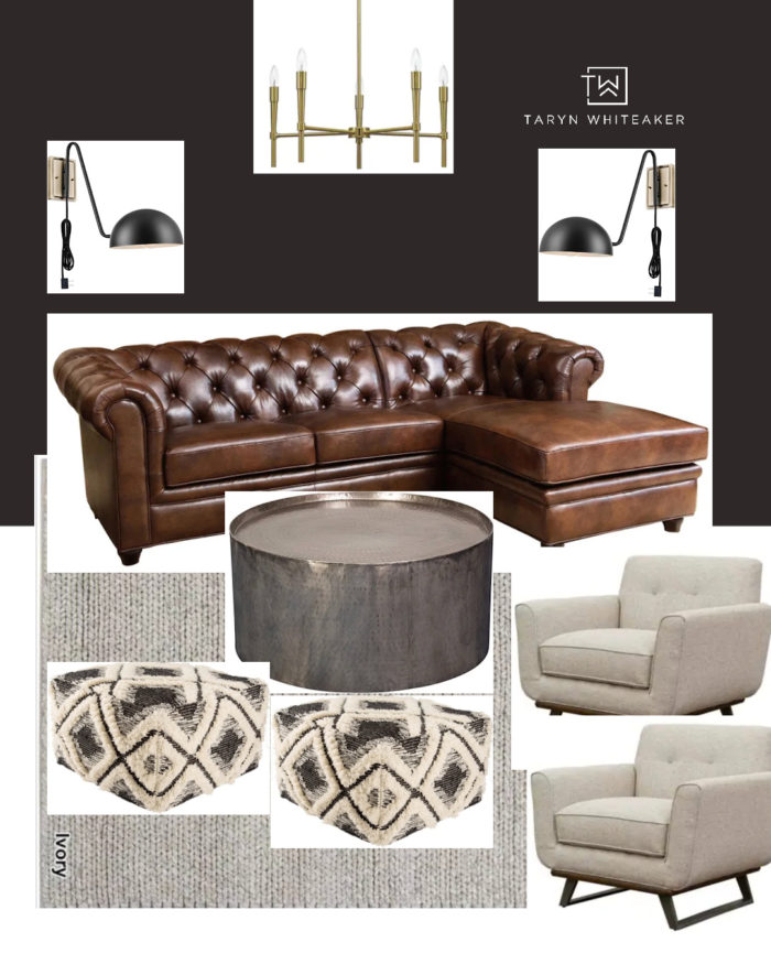 Showing two Multi-purpose room designs with dark moody walls, leather accents and lots of texture. This look is a classic dark library/den look with a brown chesterfield sofa and industrial accents. 