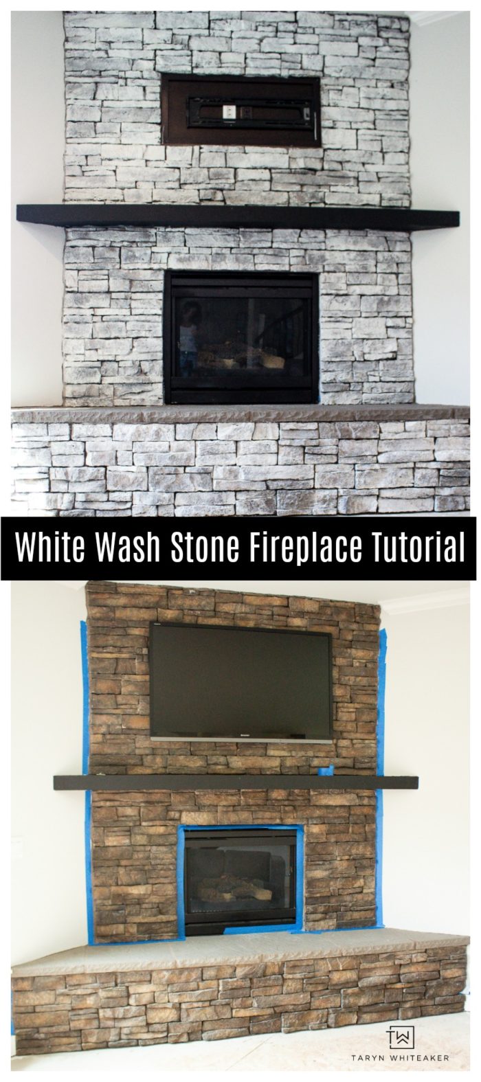 Get the look of this White Wash Stone Fireplace with an easy DIY makeover! You can get this farmhouse style look for just $6!