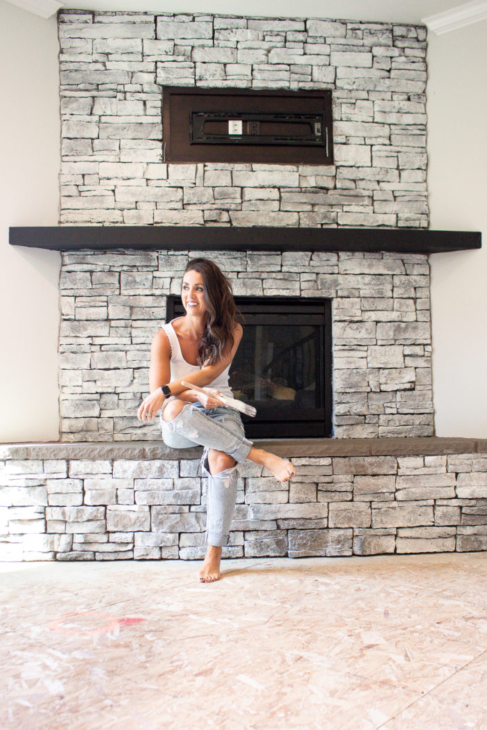 white stacked stone fireplace