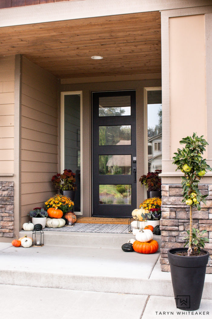 This Earth Tone Fall Porch is full of traditional fall colors but also has a nice modern look to it. Love all the orange mums and heirloom pumpkins. 