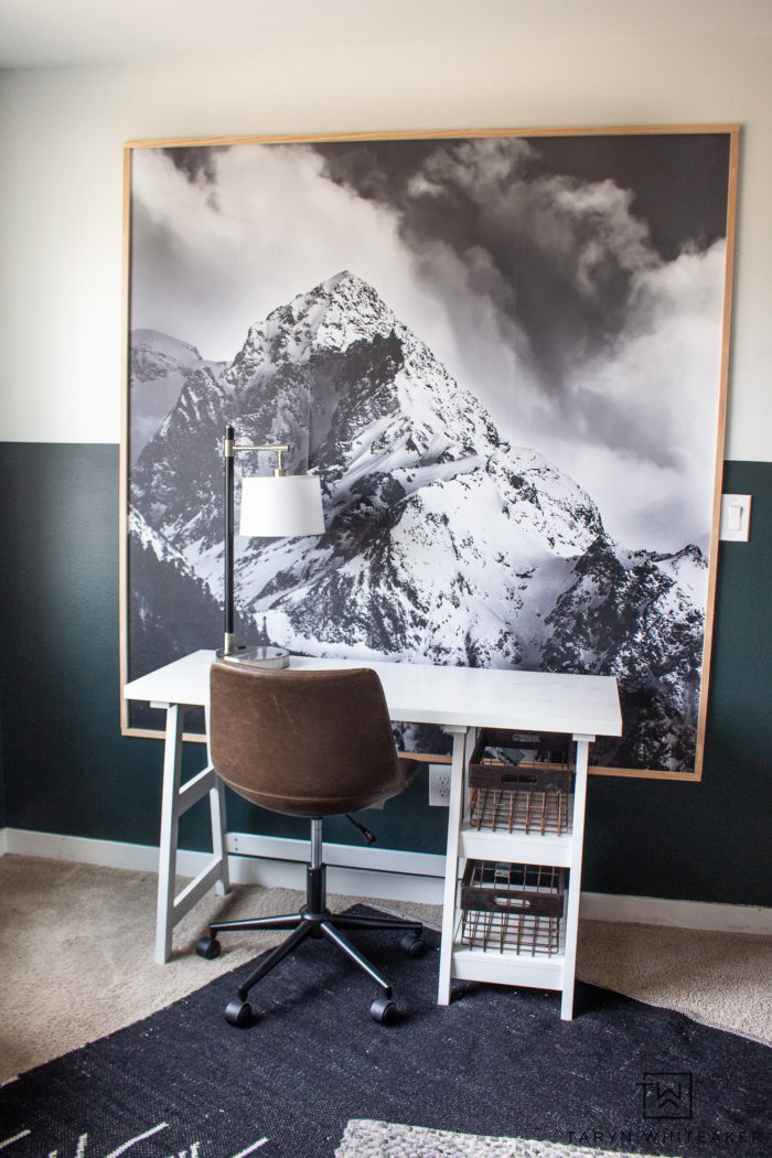 Learn how to create a large scale artwork in your home using vinyl wall murals and frame it! Great modern lodge look for a mountain retreat!