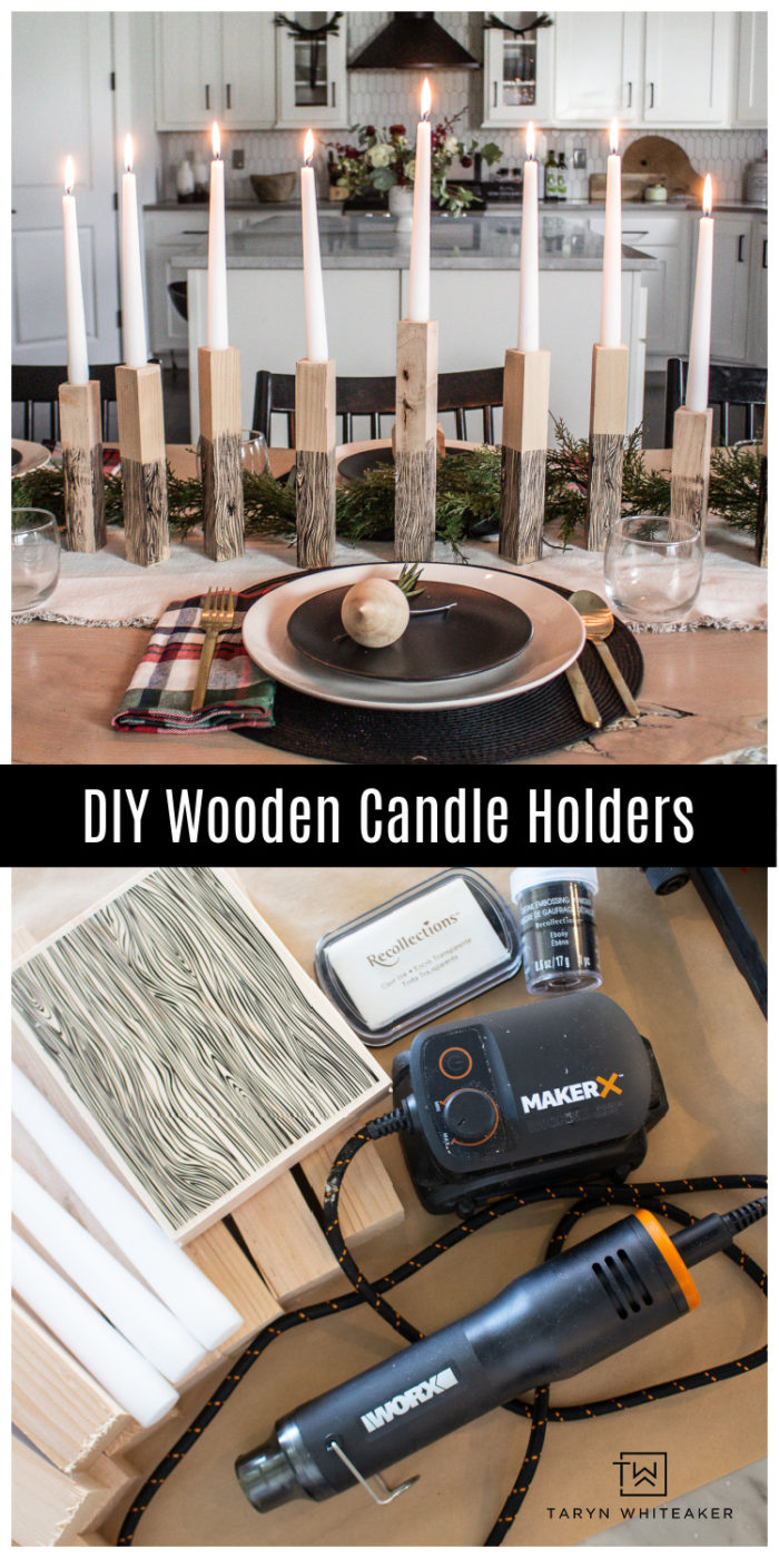 Learn how to make your own Wooden Taper Candle Holders with embossed faux woodgrain pattern! Perfect rustic Christmas decor.