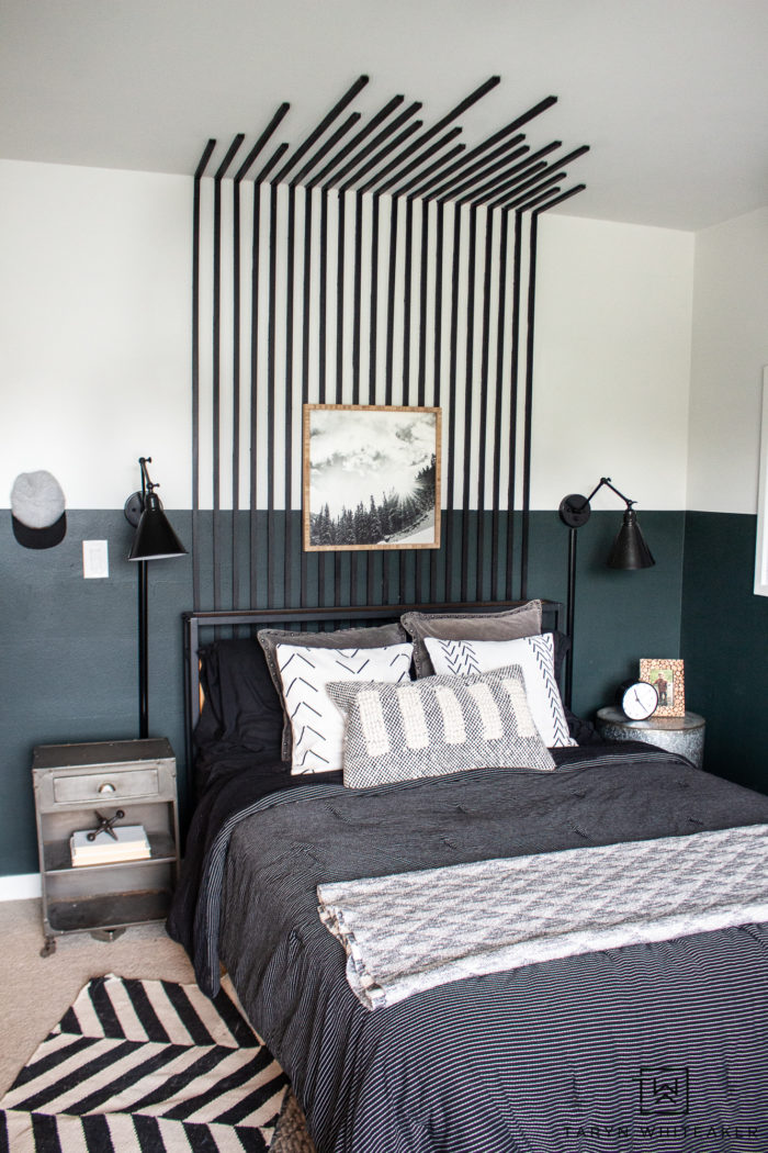 Take a look at this Black Slat Wall In The Bedroom ! It creates such a fun modern look for an accent wall or DIY headboard! 