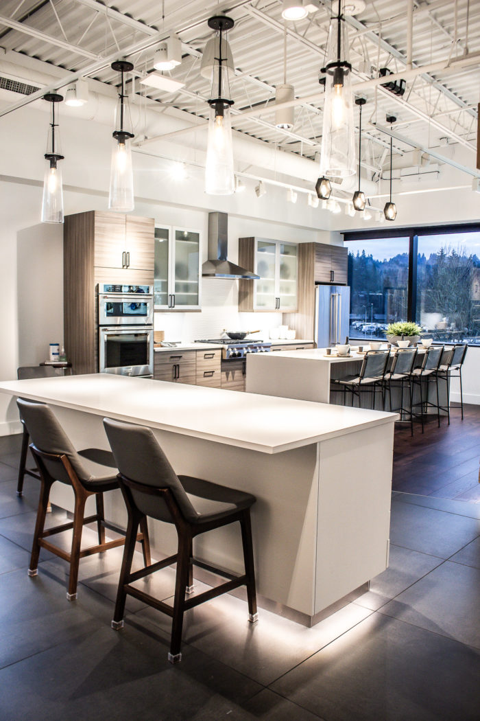 Contemporary modern kitchen with flat panel cabinets and frosted front accents. 