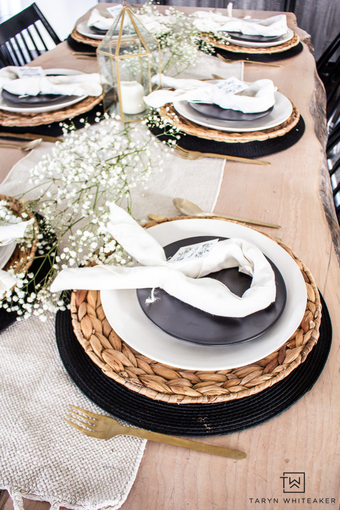 Easter table decor with neutral tones and touches on baby's breath. 