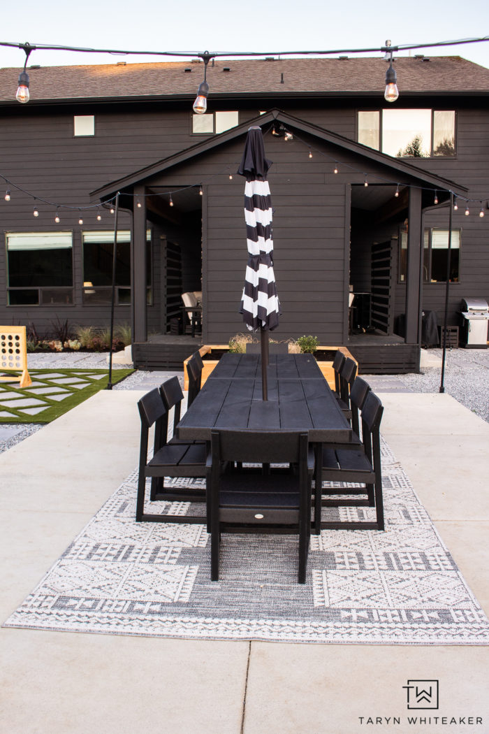 Modern Outdoor Dining Space using two Polywood EDGE Dining Tables to create a large 12 person outdoor dining table. 