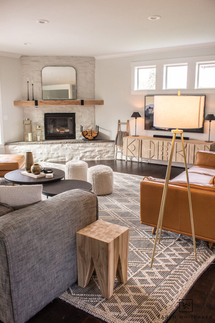 Mid Century Modern Living Room Design with Cognac leather sofas and neutral touches. 