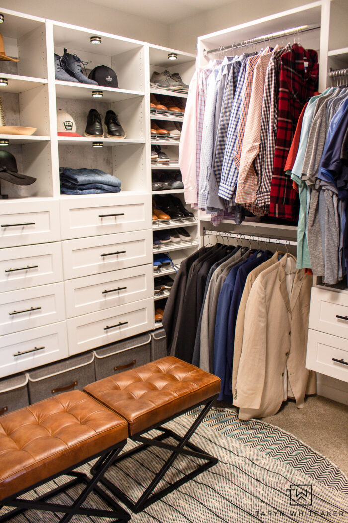 Walk-in closet makeover with white built-ins and modern decor. This organization system is goals! 