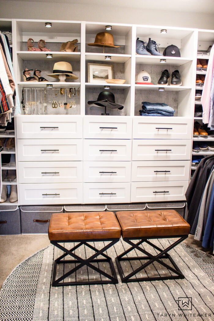 Tour this Walk-In Closet Makeover using Modular Closets system! You have to see the before and after of this closet makeover. These closet shelves are beautiful and display all your featured items.