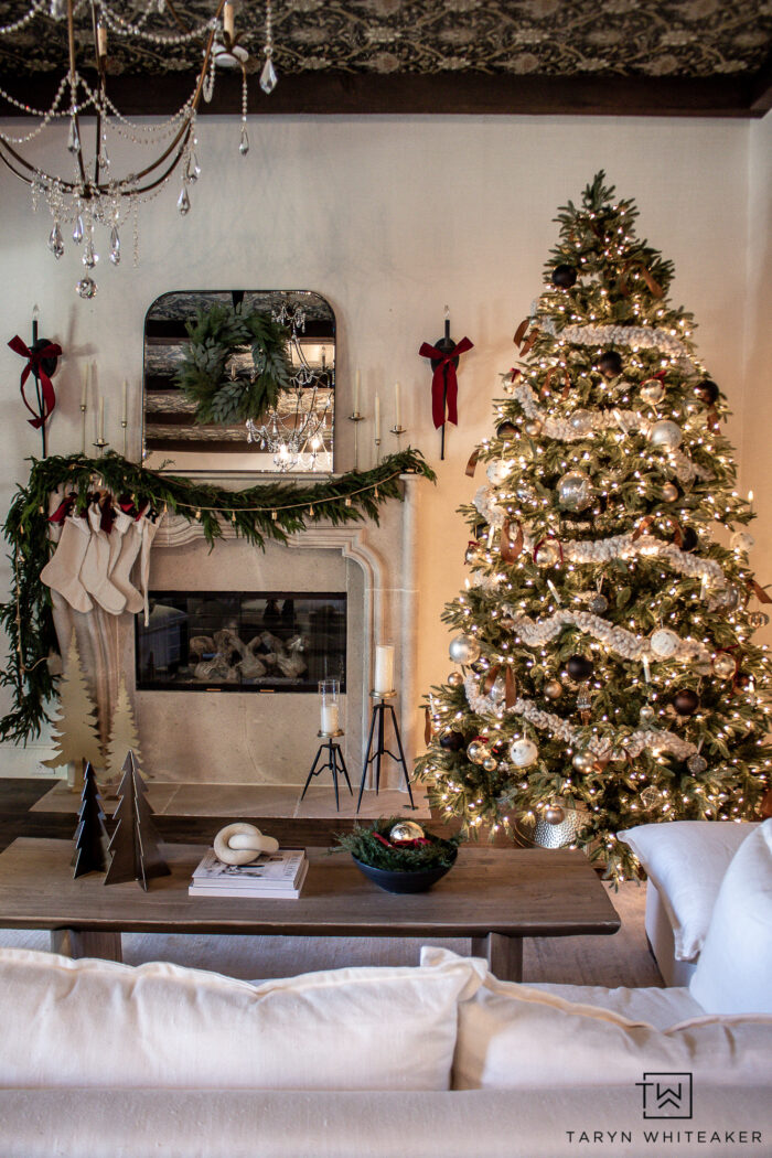 Traditional European Christmas Decor with green garland, neutral gold Christmas decor and subtle pops of red. 