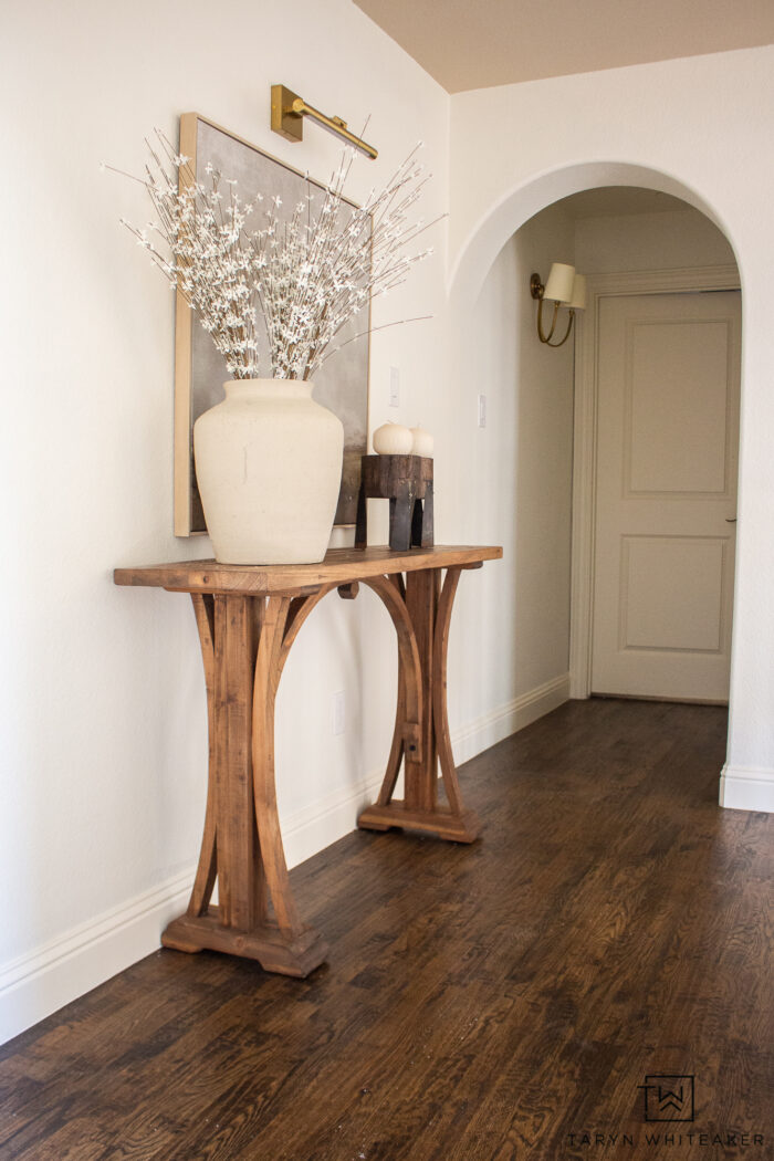 Recreate the look of this Rustic Traditional Vignette! Sharing all the links and total cost for this neutral hallway decor.