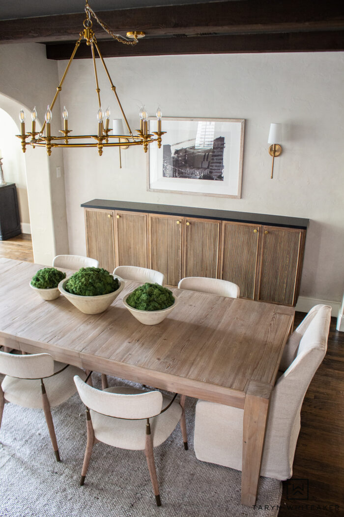 Tour this Modern Transitional Dining Room Decor combing lots of textures and natural elements. All sources available! 