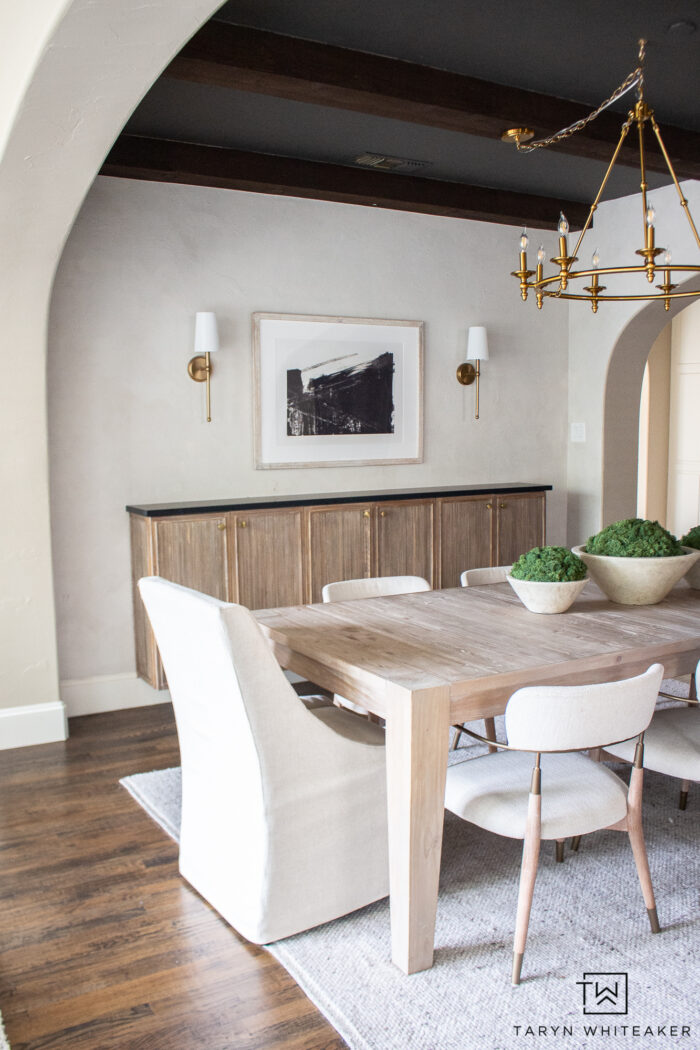 Tour this Modern Transitional Dining Room Decor combing lots of textures and natural elements. All sources available! 