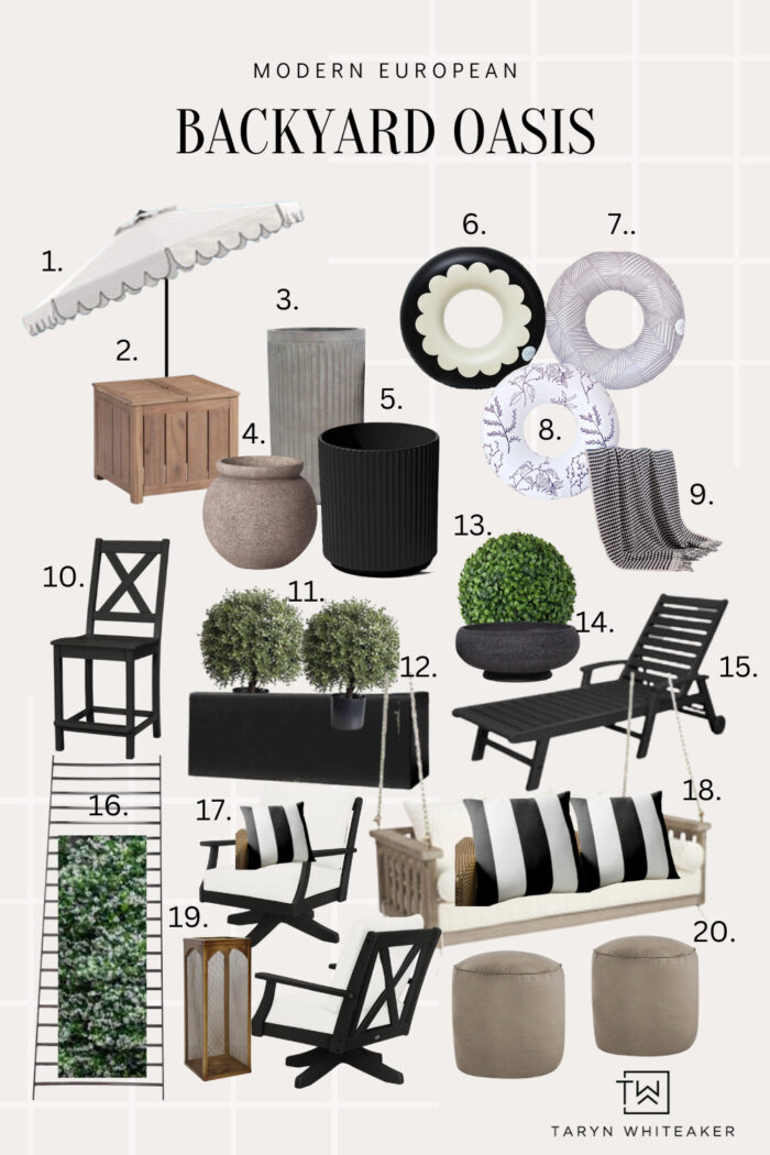 Get the look! Modern black and white backyard decor and furniture with artificial greenery. All links available. 