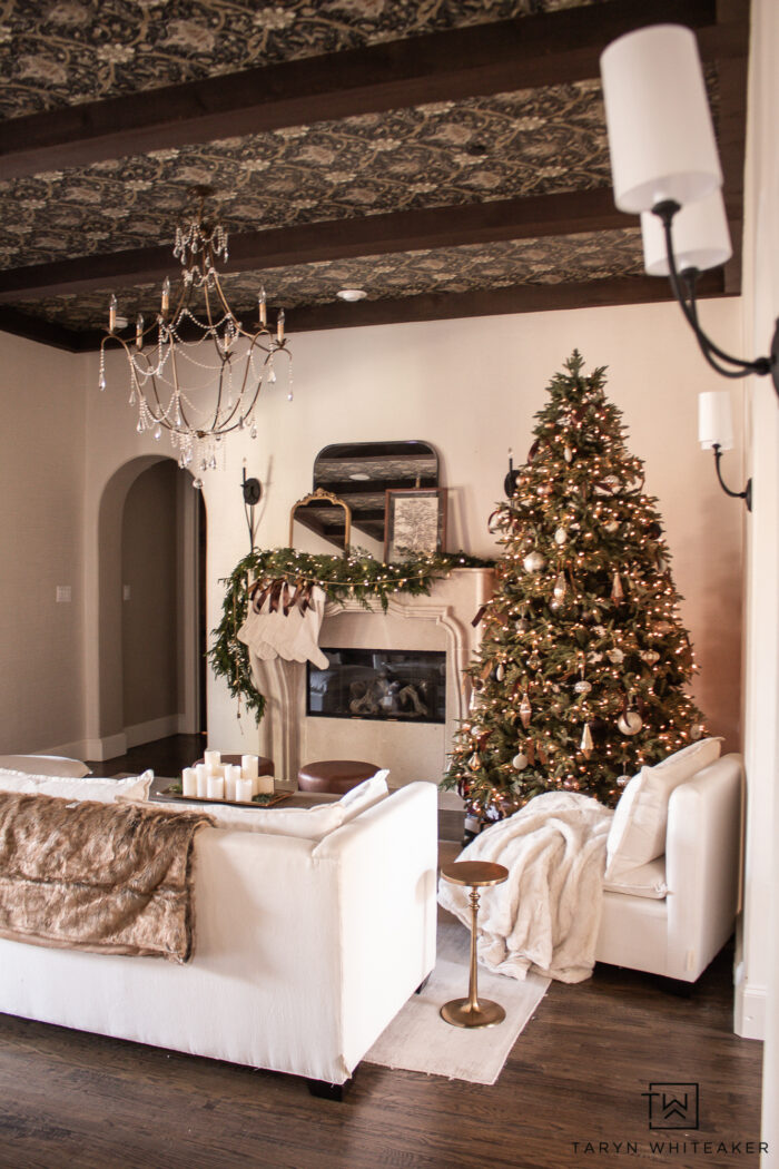 Tour this Neutral Vintage Glam Christmas Tree and Holiday Living Room. Filled with vintage pieces and classic elegant Christmas decor. 