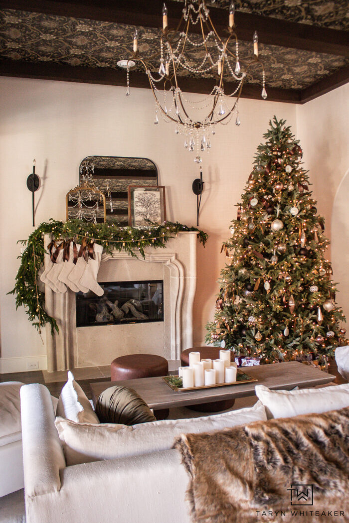 Tour this Neutral Vintage Glam Christmas Tree and Holiday Living Room. Filled with vintage pieces and classic elegant Christmas decor. 