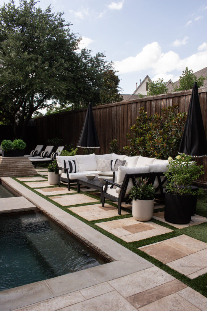 Black and White Transitional Backyard Decor - U Shaped POLYWOOD sectional for ultimate backyard entertaining