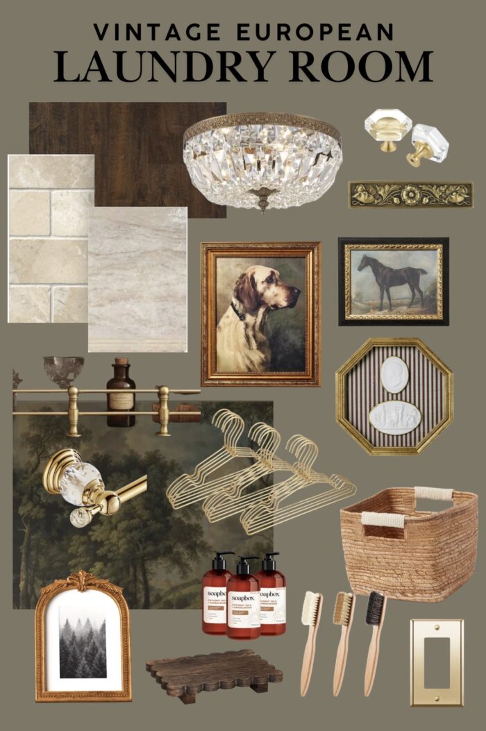 Moody vintage laundry room makeover using BM Cromwall Gray color drench with antique and gold accents. 