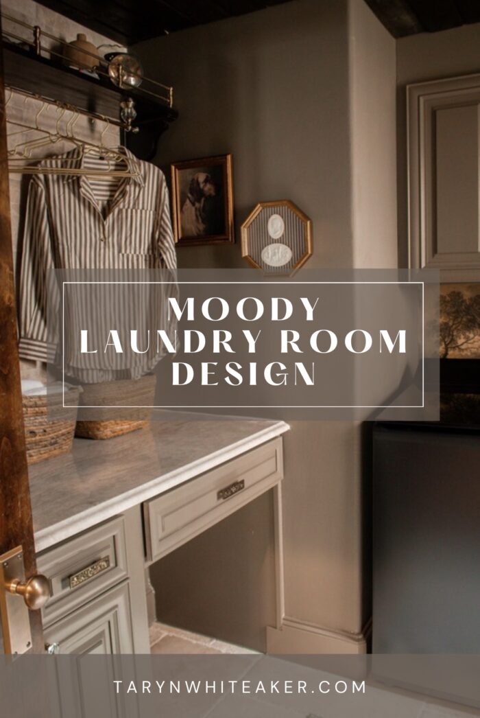Moody vintage laundry room makeover using BM Cromwall Gray color drench with antique and gold accents. 